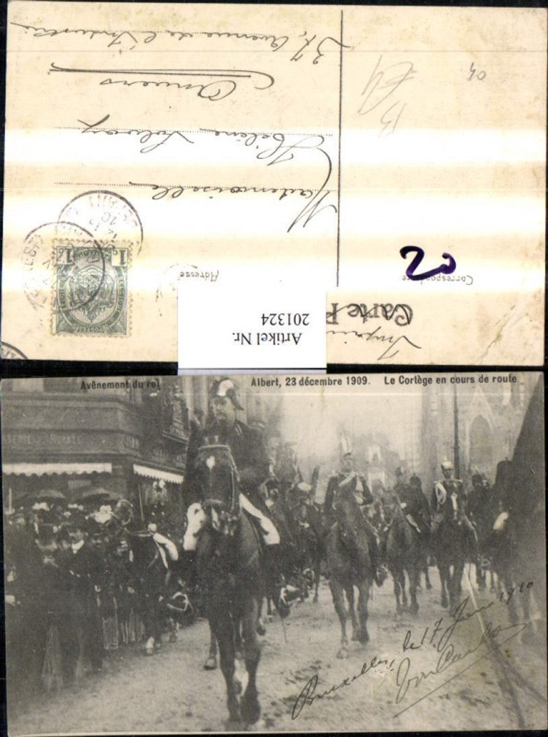 201324,Avenement du roi Albert 1909 Le Cortege en cours de roufe Pferde Frankreich