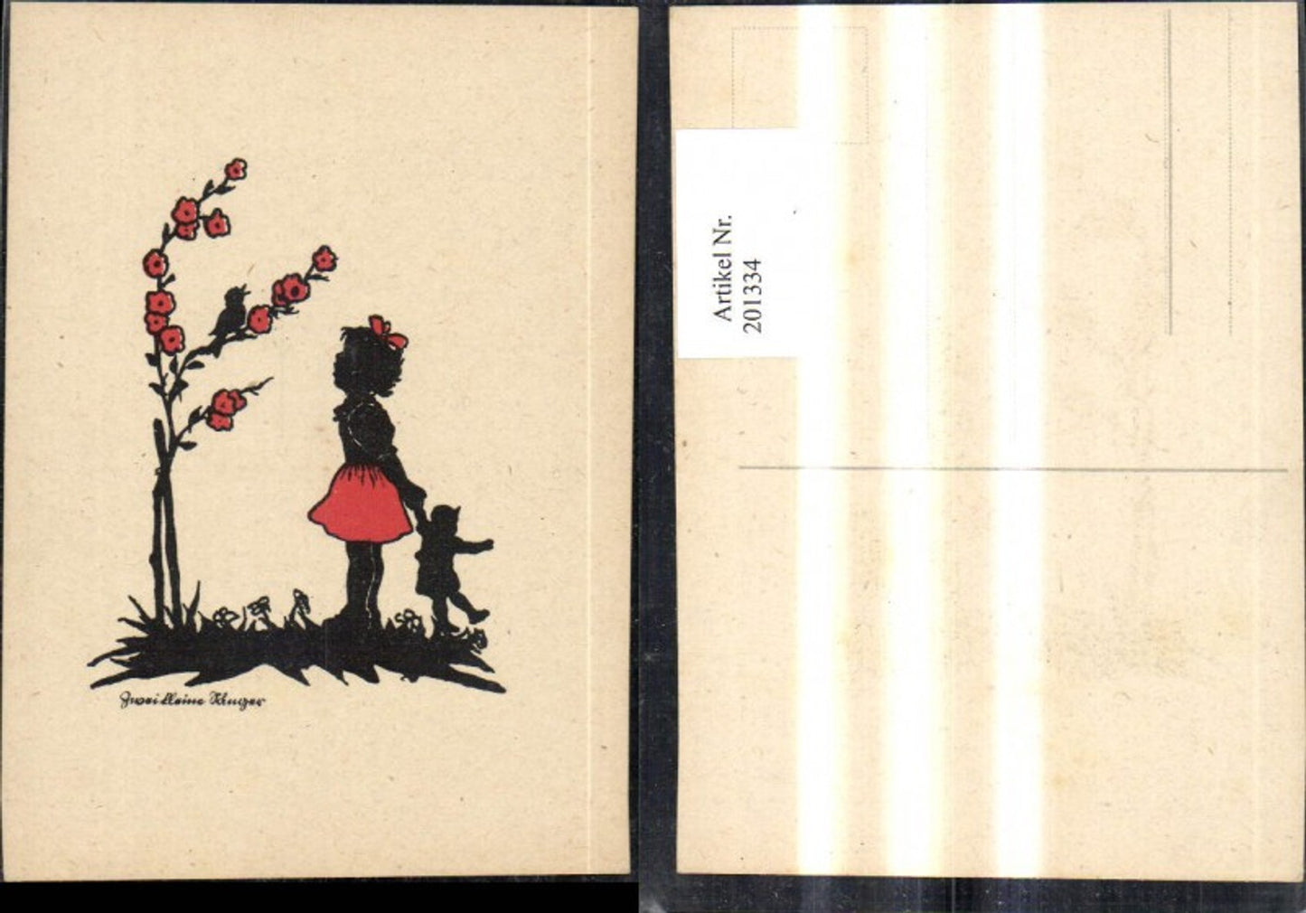 201334,Scherenschnitte Silhouette Zwei kleine Sänger Vögel a. Strauch Kind Puppe