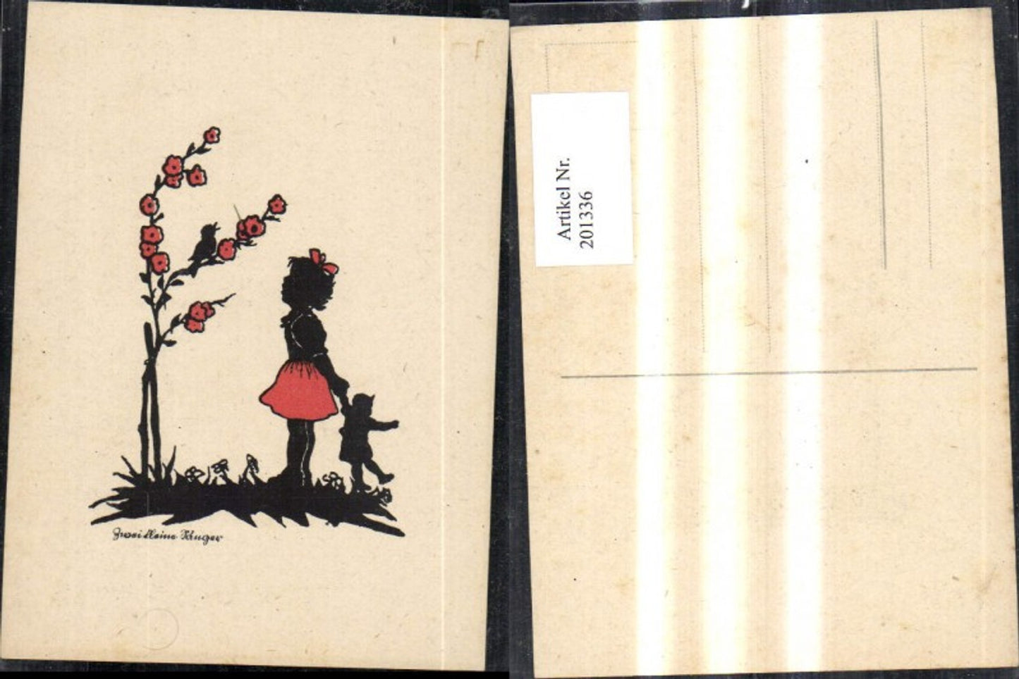 201336,Scherenschnitte Silhouette Zwei kleine Sänger Vögel a. Strauch Kind Puppe