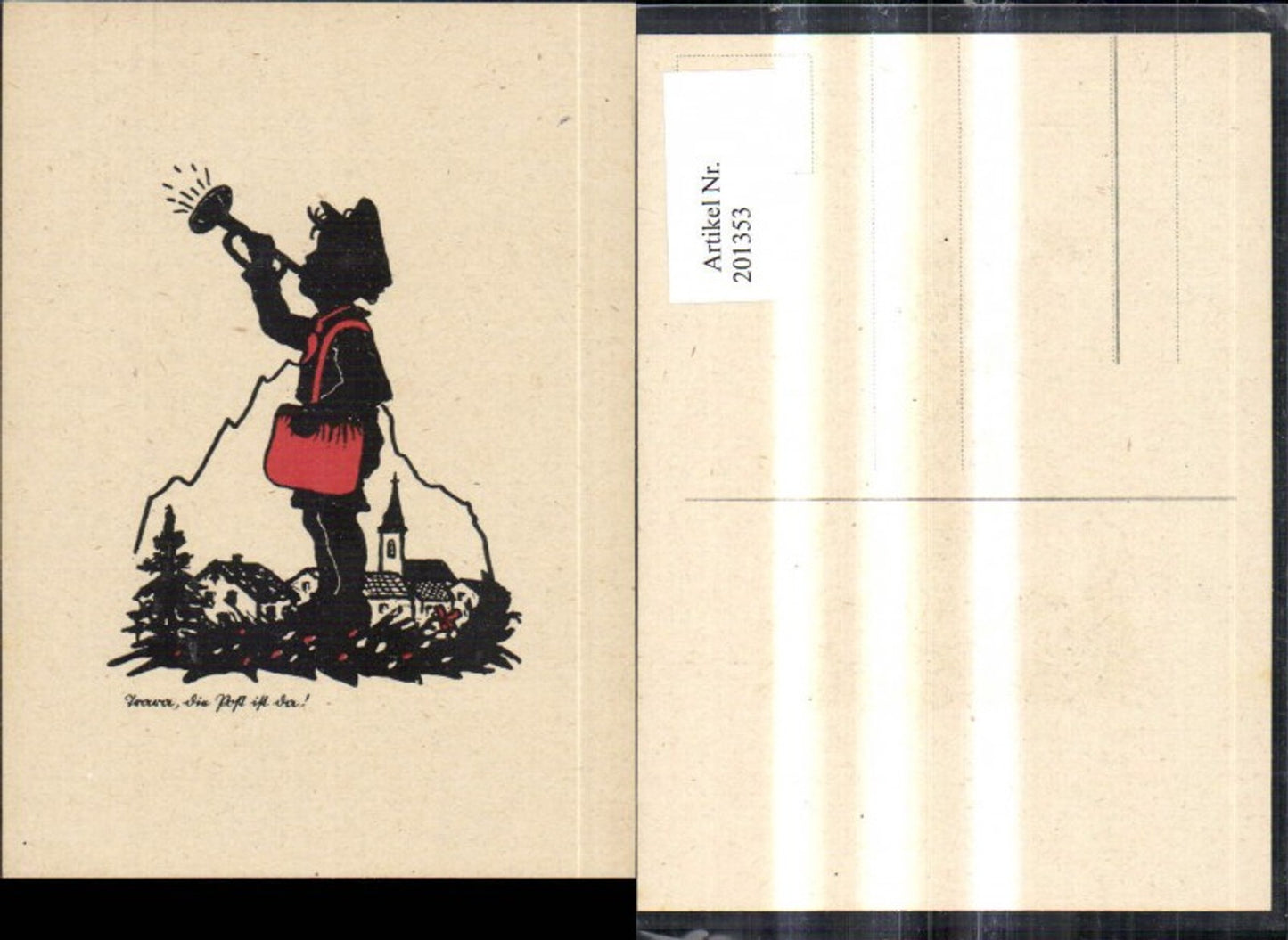 201353,Scherenschnitte Silhouette Hurra die Post ist da Kind Junge m. Tröte Dorf