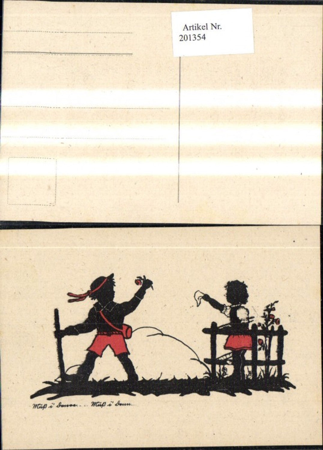 201354,Scherenschnitte Silhouette Abschied Wanderer Kind Mädchen winkt a. Zaun