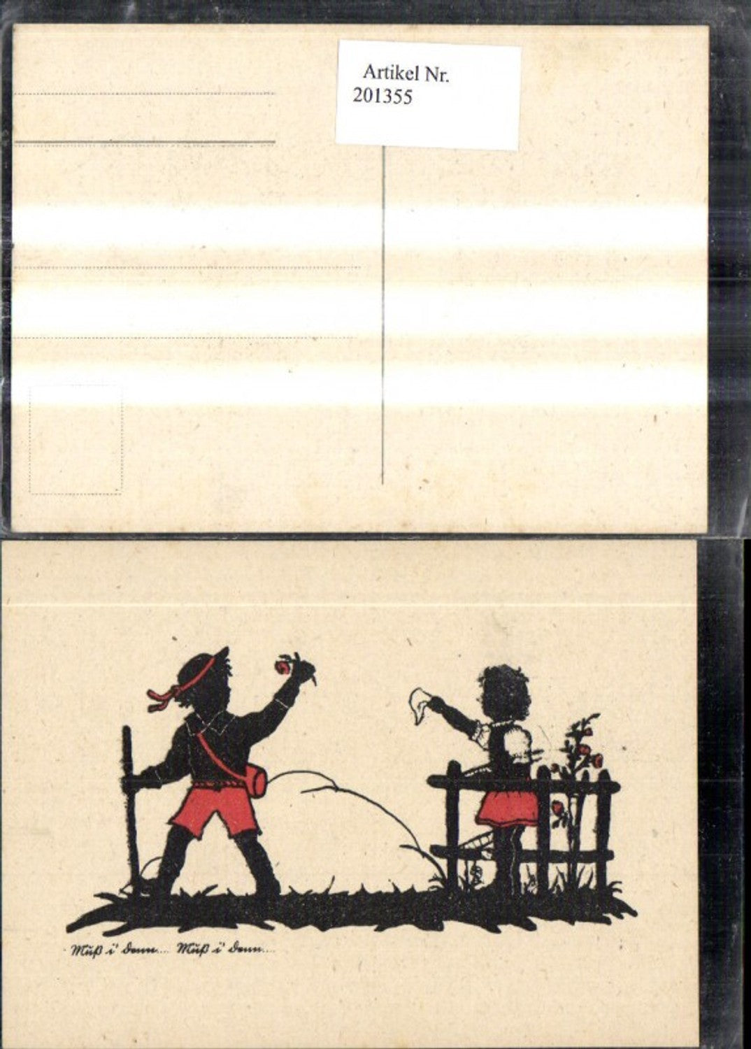 201355,Scherenschnitte Silhouette Abschied Wanderer Kind Mädchen winkt a. Zaun