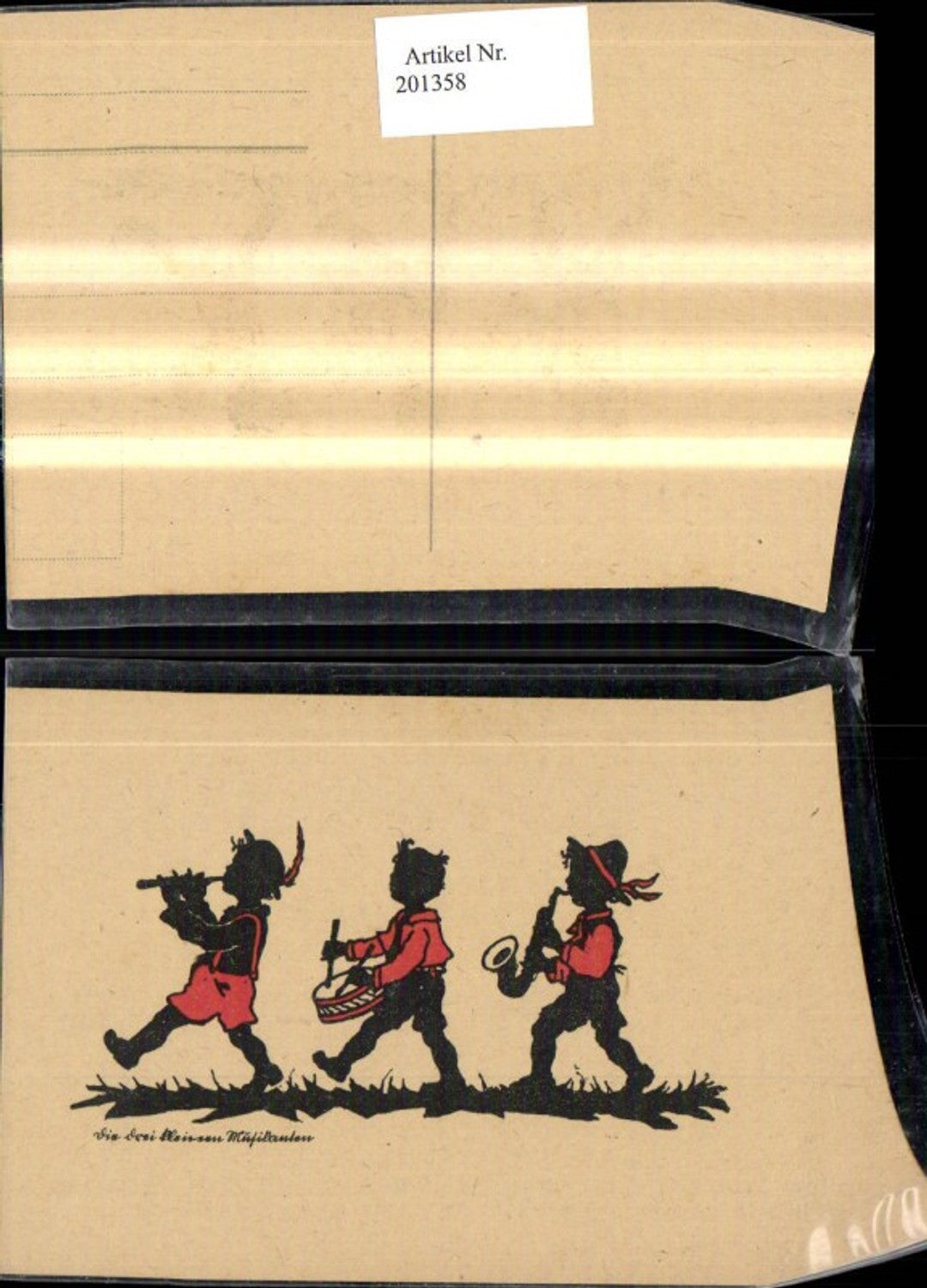 201358,Scherenschnitte Silhouette Drei kleine Musikanten Kinder Instrumente Flöte Trommel Saxophon