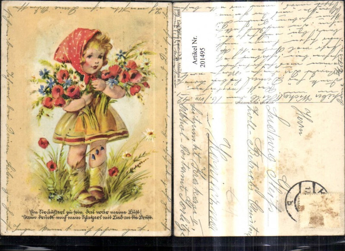 201495,Kind Kinder Mädchen m. Blumen Spruch
