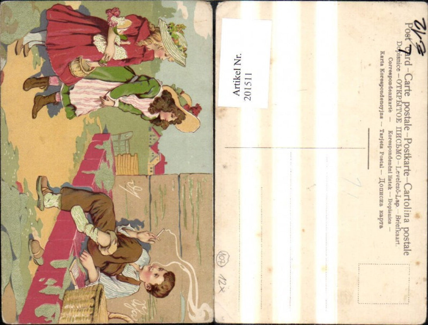 201511,Kind Kinder Litho Rauchen Junge m. Zigarette Mädchen m. Puppe Korb