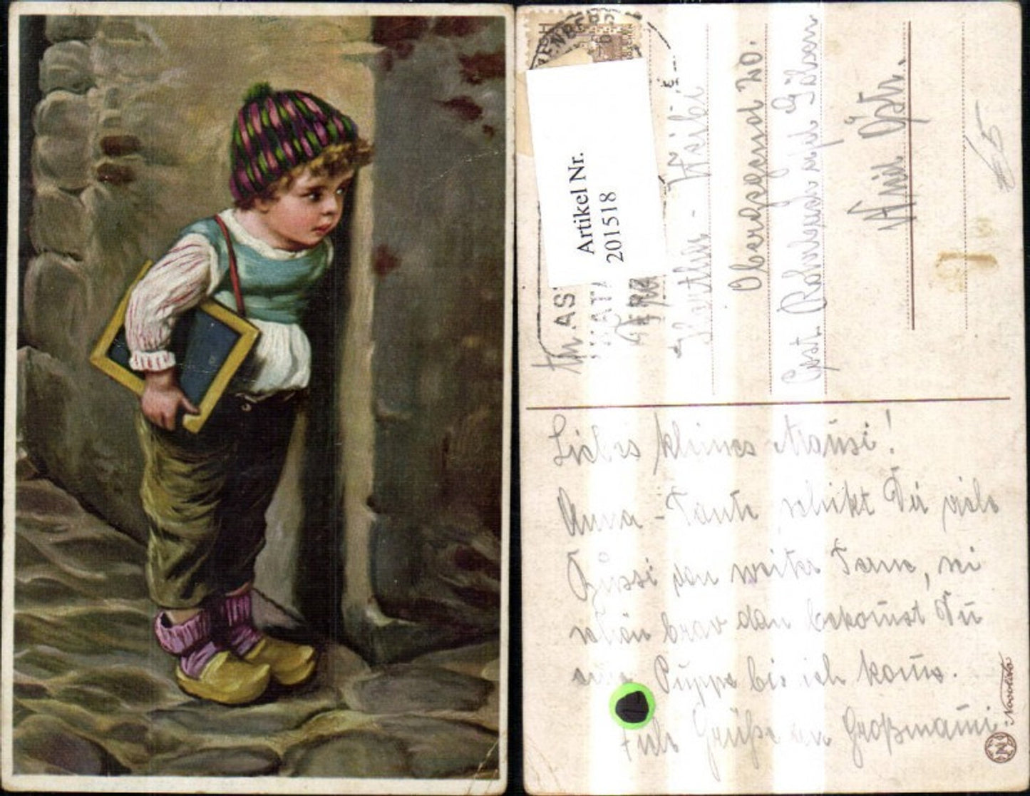 201518,Kind Kinder Junge m. Schreibtafel Tafel Holzschuhe