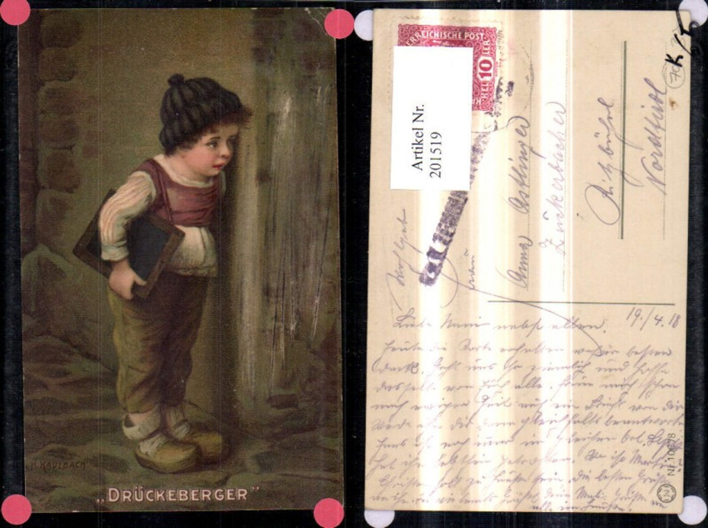 201519,Kind Kinder Künstler Ak H. Kaulbach Junge m. Schreibtafel Tafel Holzschuhe Drückeberger