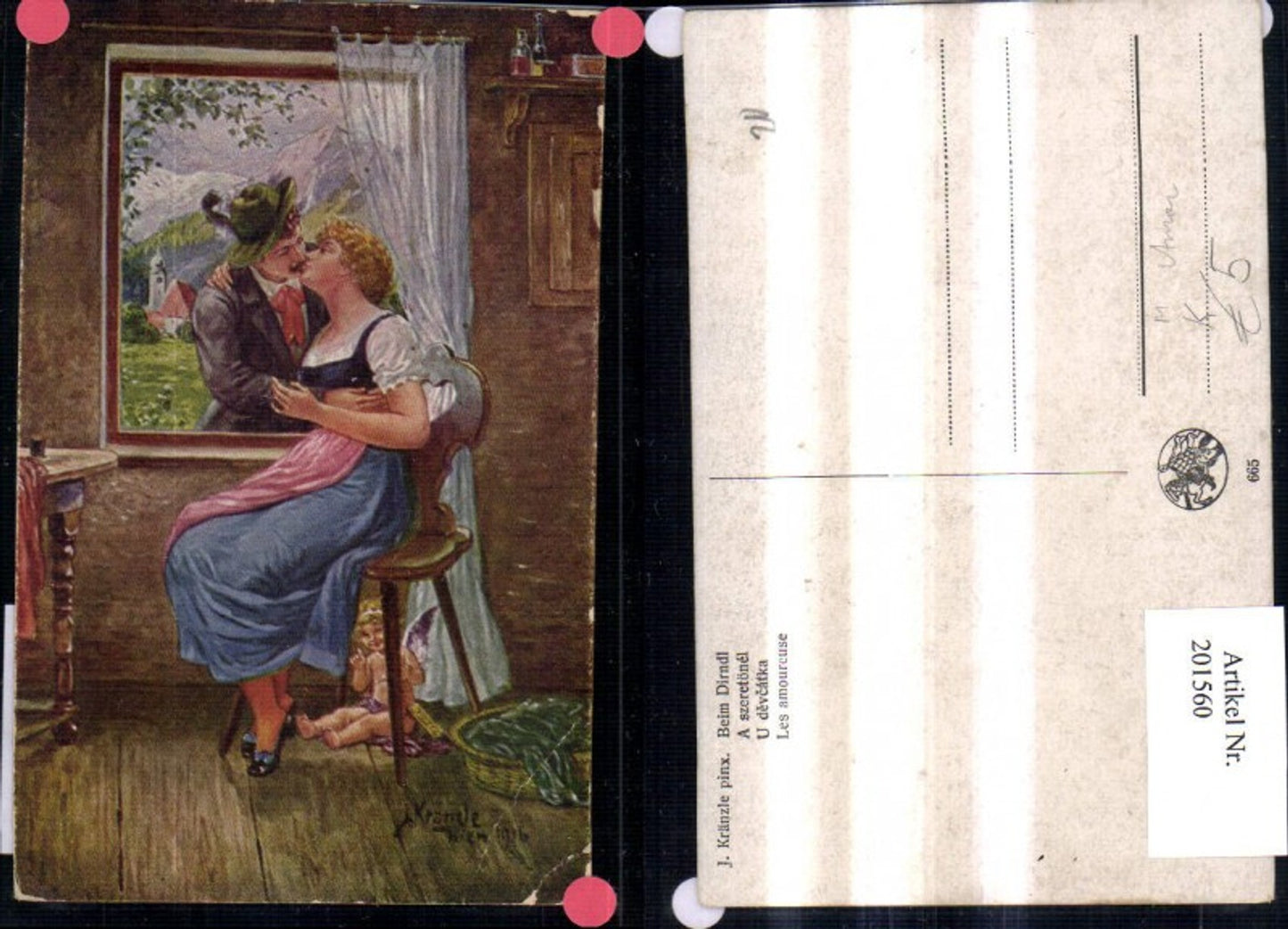 201560,Liebe Künstler Ak J. Kränzle Beim Dirndl Amor Frau Mann Kuss d. Fenster