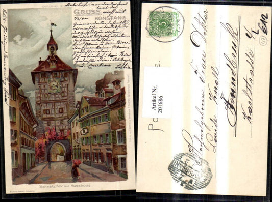 201686, Litho AK Greetings from Konstanz Schnetzthor with Husshaus Tower Gate