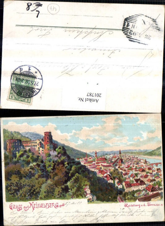 201787, Litho AK Greetings from Heidelberg Total view of the terrace of the castle