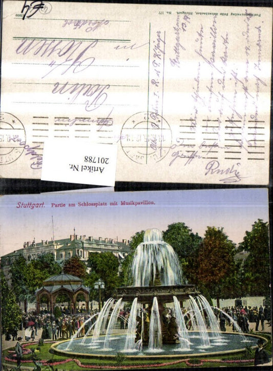 201788, Stuttgart, scene at the Schlossplatz with music pavilion and fountain