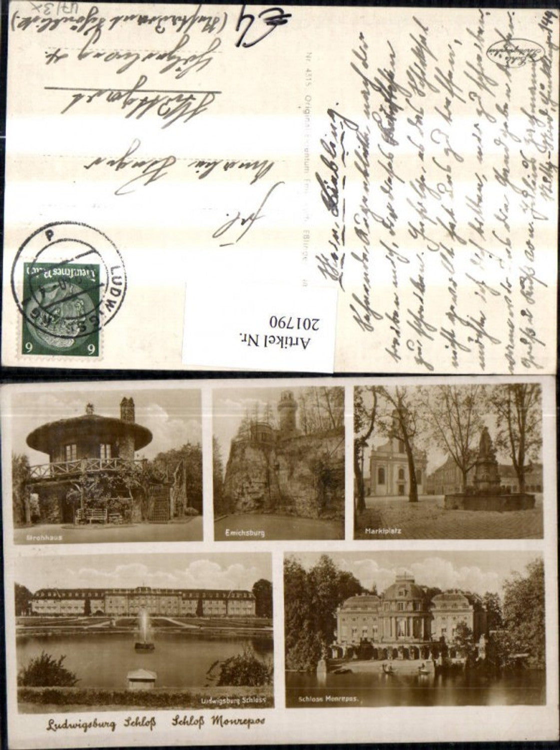 201790, Ludwigsburg Palace and Monrepos Market Square with Church Fountain Emichsburg Straw House Multi-view postcard