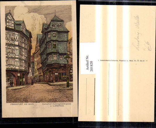 201820,Künstler AK Ludwig Müller Frankfurt am Main Hainerhof Kannegiessergasse u. Lutherhaus Straßenansicht