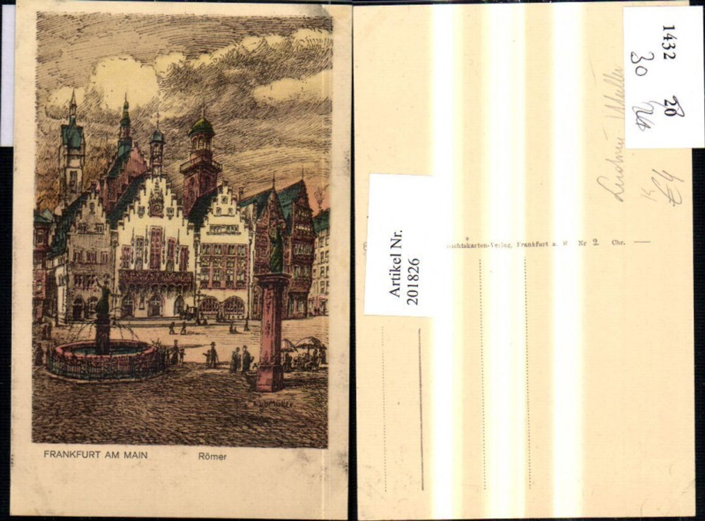 201826,Künstler AK Ludwig Müller Frankfurt am Main Römer Platz Brunnen Kirchenturm Türme