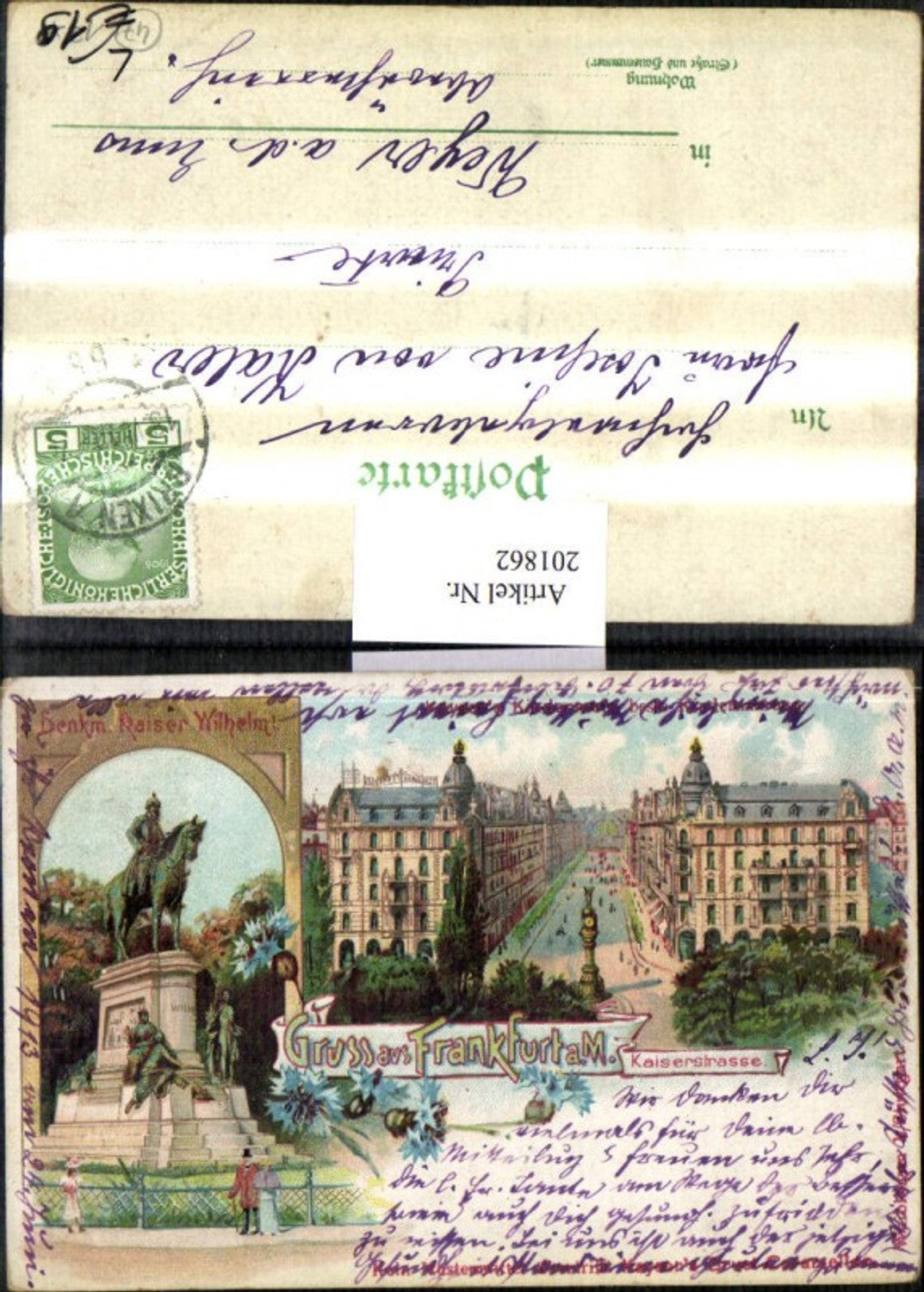 201862,Litho AK Gruß aus Frankfurt a. Main Kaiserstraße Denkmal Kaiser Wilhelm Mehrbildkarte