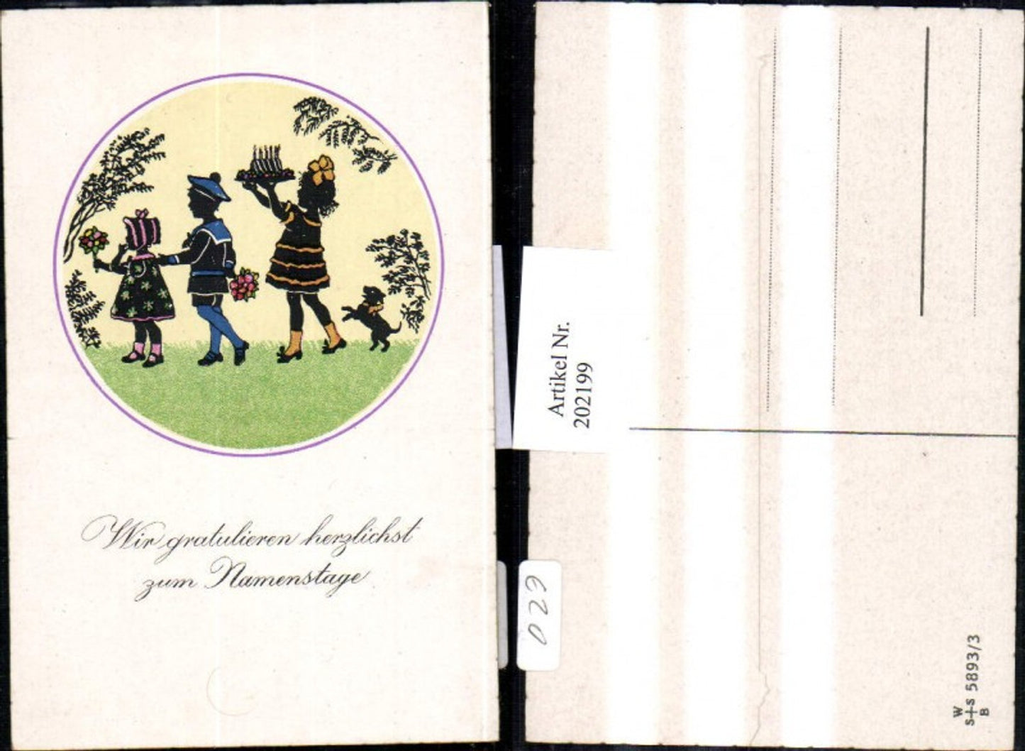 202199,Künstler AK F. Kaskeline Scherenschnitt Silhouette Kinder m. Blumen Kuchen Hund