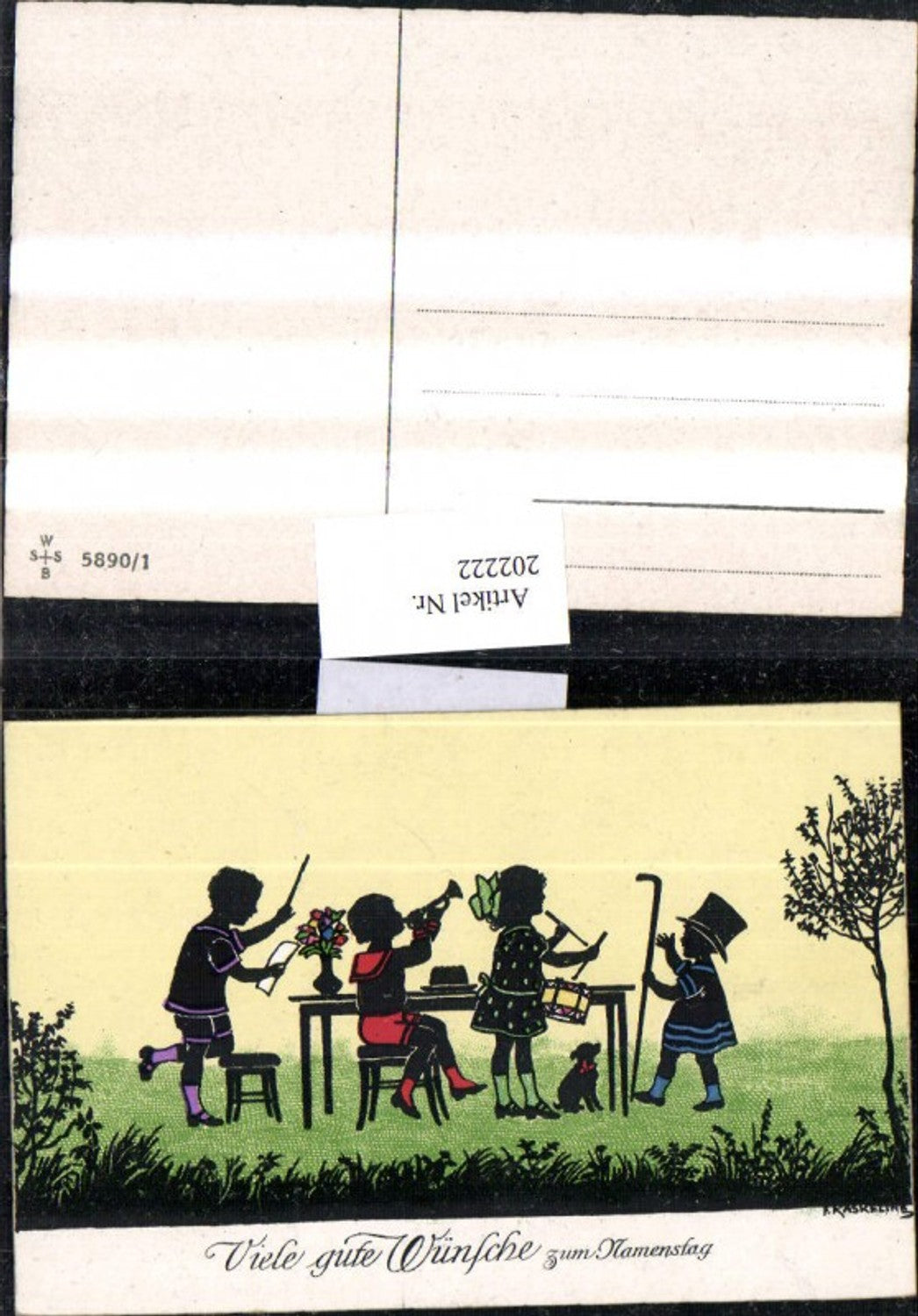 202222,Künstler AK F. Kaskeline Scherenschnitt Silhouette Kinder Dirigent Trompete Trommel Stock Hund