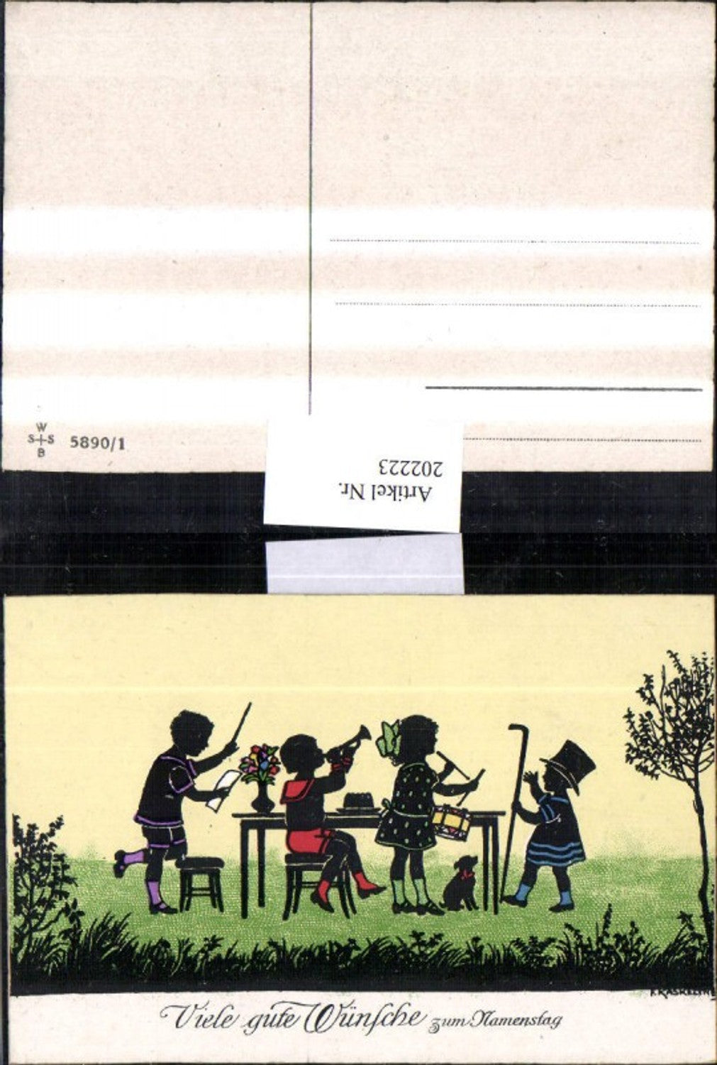 202223,Künstler AK F. Kaskeline Scherenschnitt Silhouette Kinder Dirigent Trompete Trommel Stock Hund
