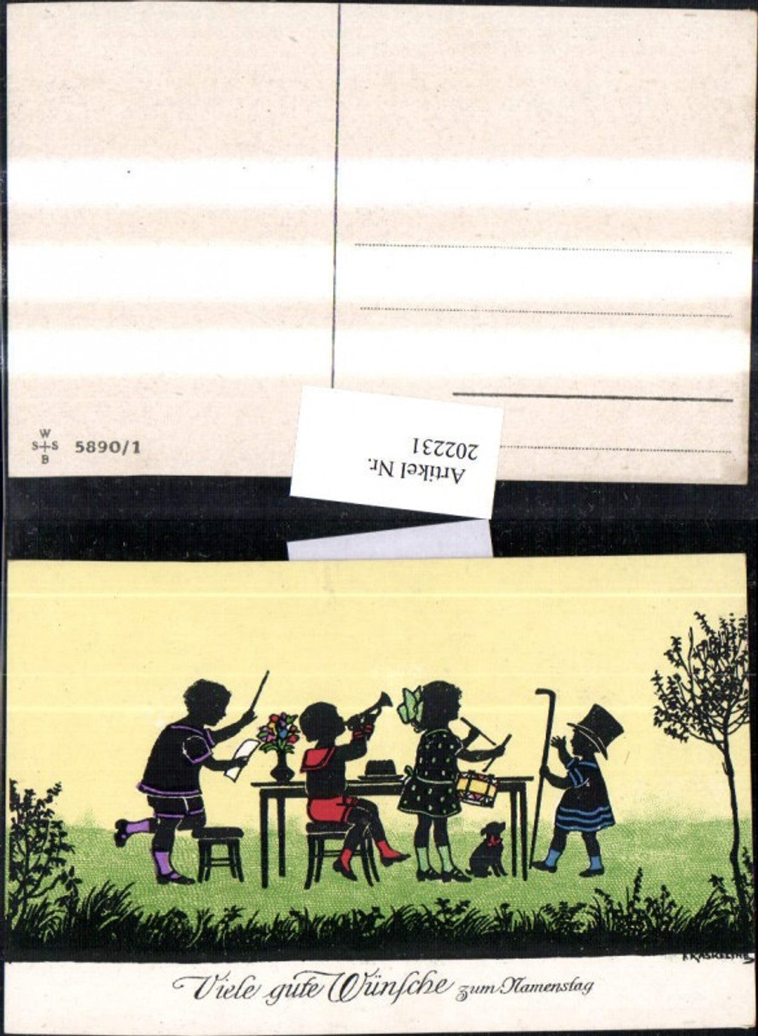 202231,Künstler AK F. Kaskeline Scherenschnitt Silhouette Kinder Dirigent Trompete Trommel Stock Hund