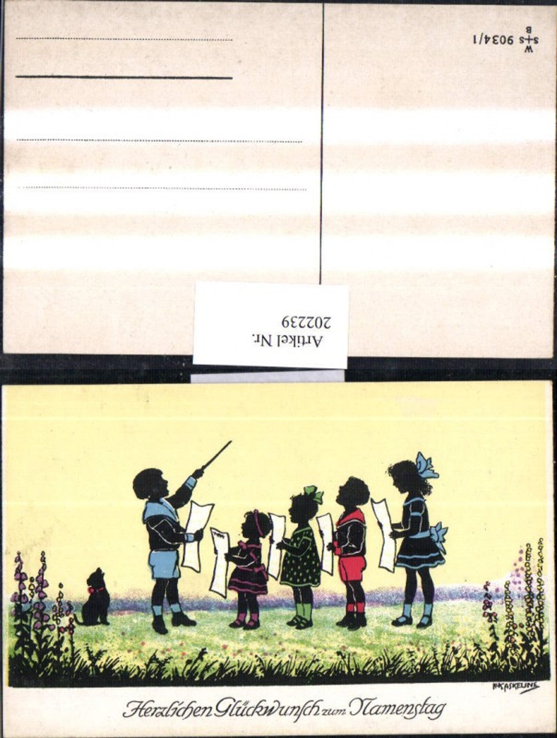 202239,Künstler AK F. Kaskeline Scherenschnitt Silhouette Kinder b. Singen Dirigent Hund Blatt Papier