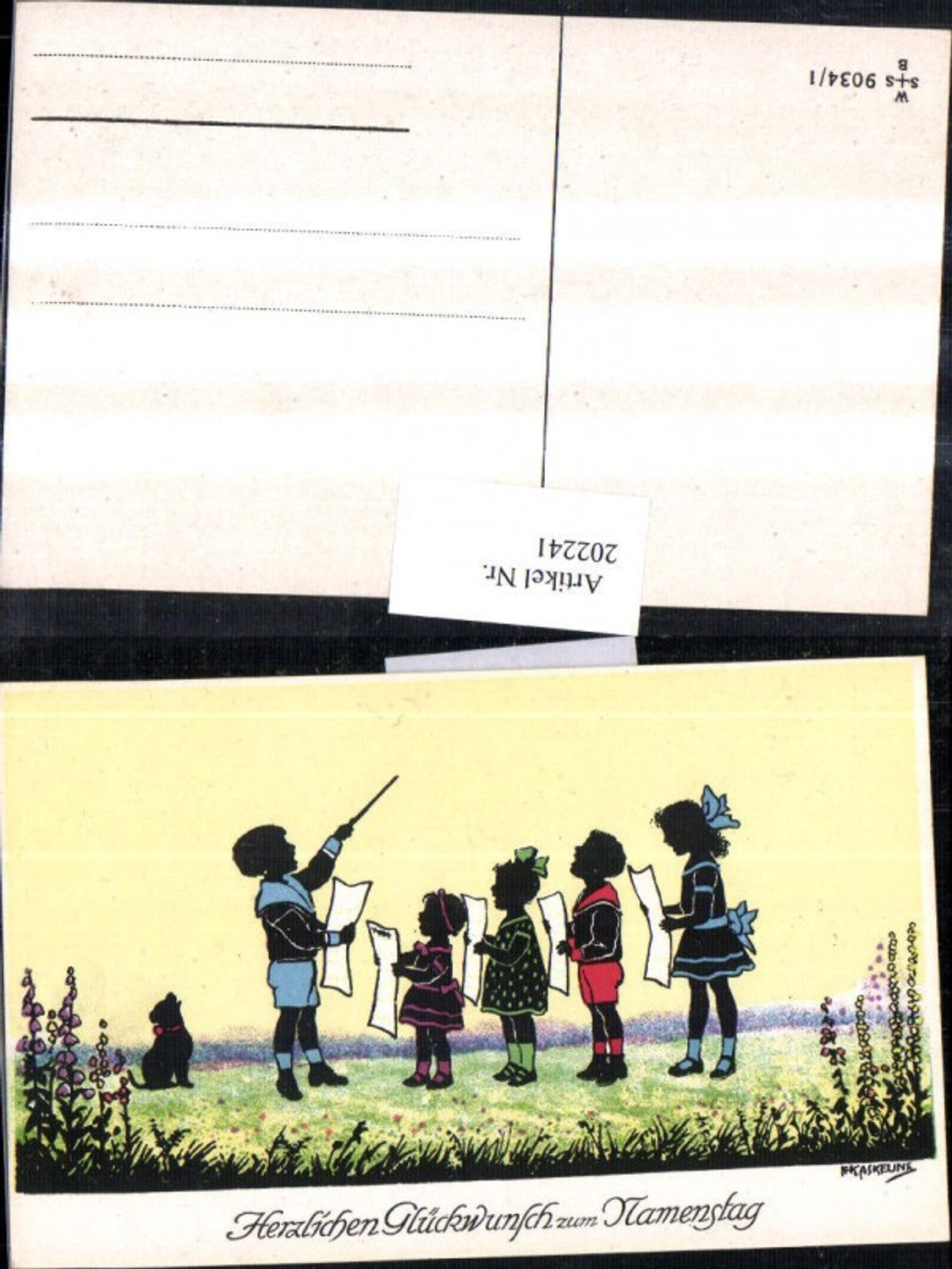 202241,Künstler AK F. Kaskeline Scherenschnitt Silhouette Kinder b. Singen Dirigent Hund Blatt Papier