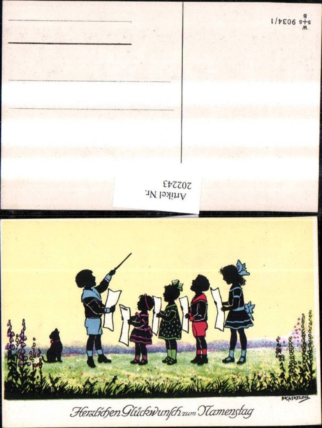 202243,Künstler AK F. Kaskeline Scherenschnitt Silhouette Kinder b. Singen Dirigent Hund Blatt Papier