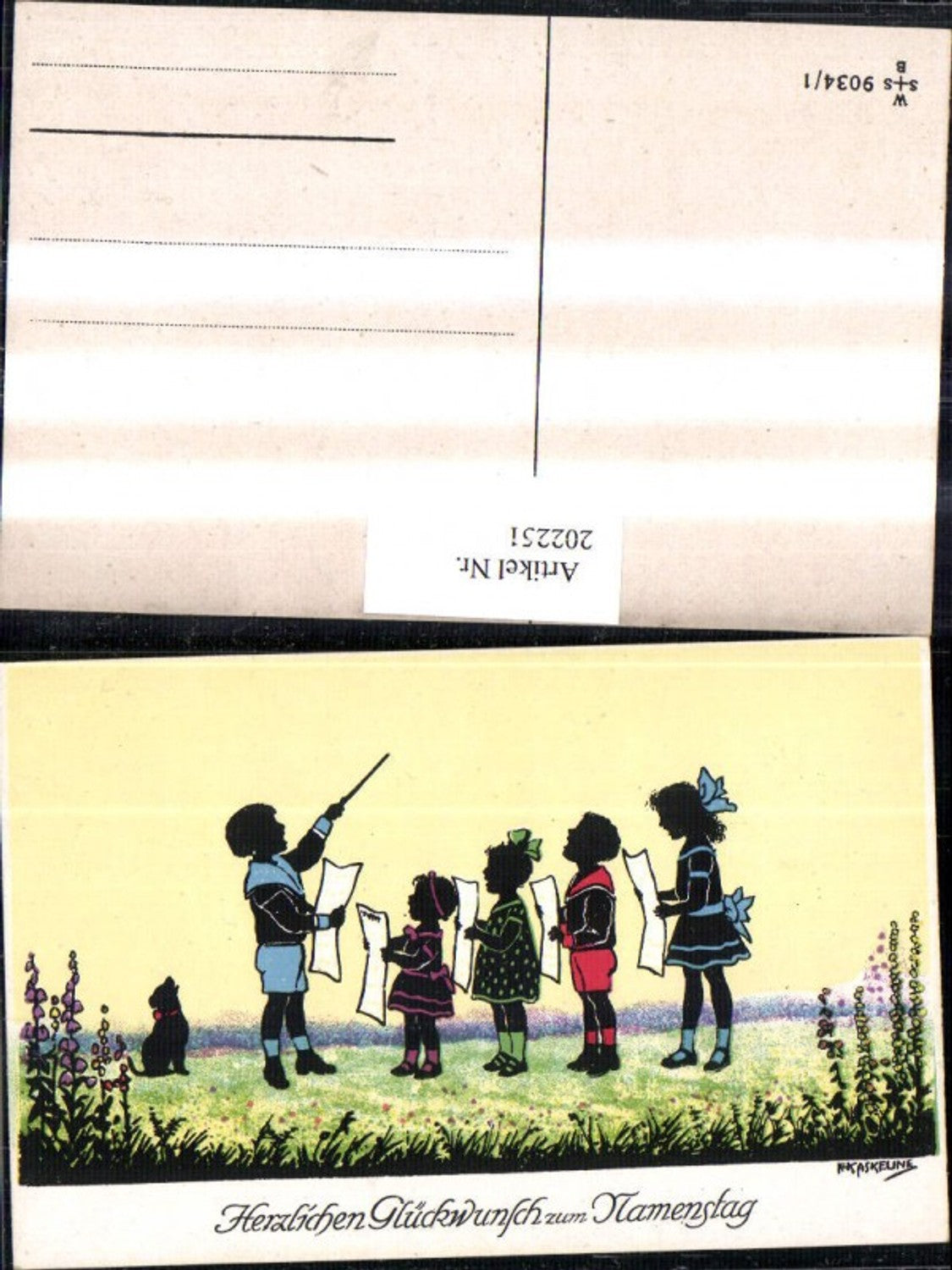 202251, Artist AK F. Kaskeline, paper cutout silhouette of children singing, conductor, dog, sheet of paper