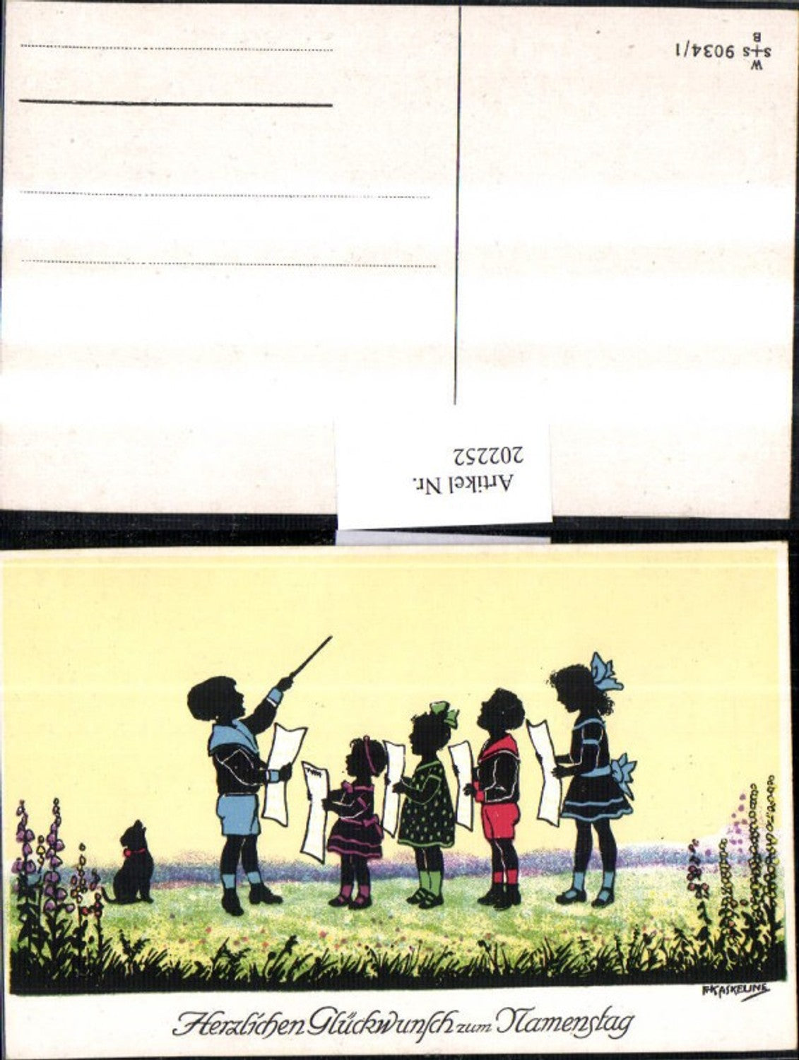 202252,Künstler AK F. Kaskeline Scherenschnitt Silhouette Kinder b. Singen Dirigent Hund Blatt Papier