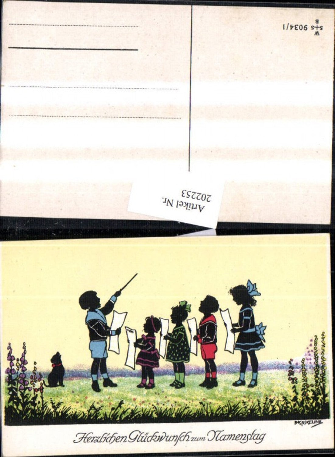 202253,Künstler AK F. Kaskeline Scherenschnitt Silhouette Kinder b. Singen Dirigent Hund Blatt Papier