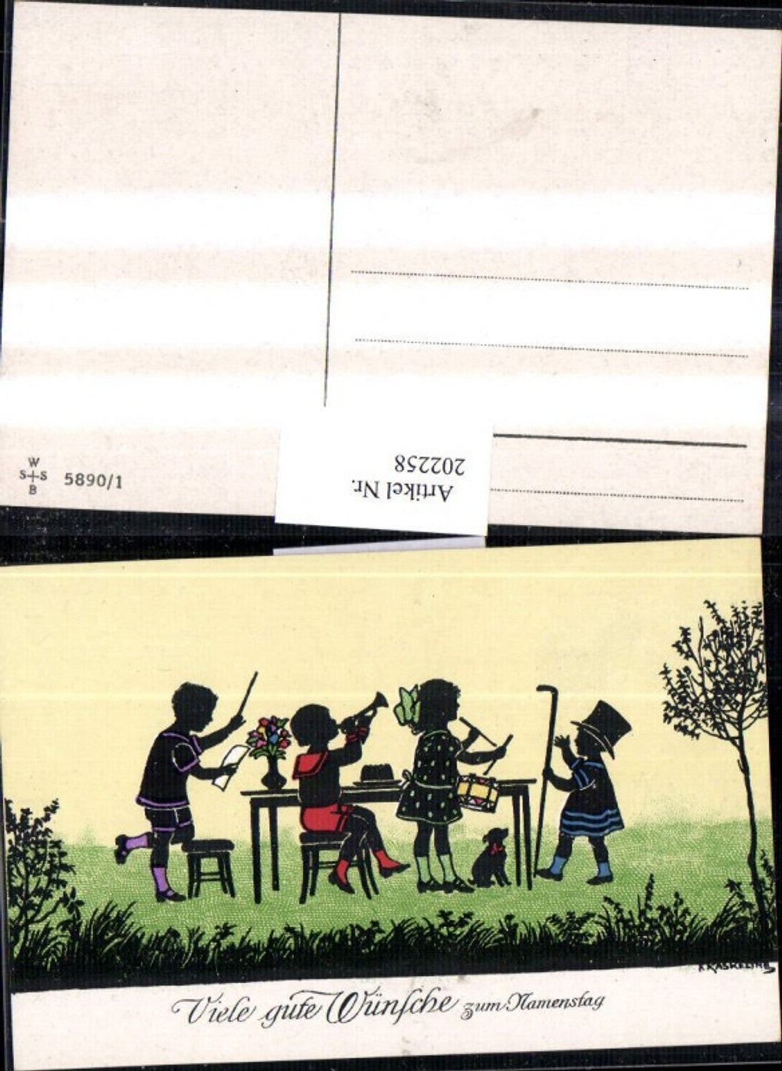 202258,Künstler AK F. Kaskeline Scherenschnitt Silhouette Kinder Dirigent Trompete Trommel Stock Hund