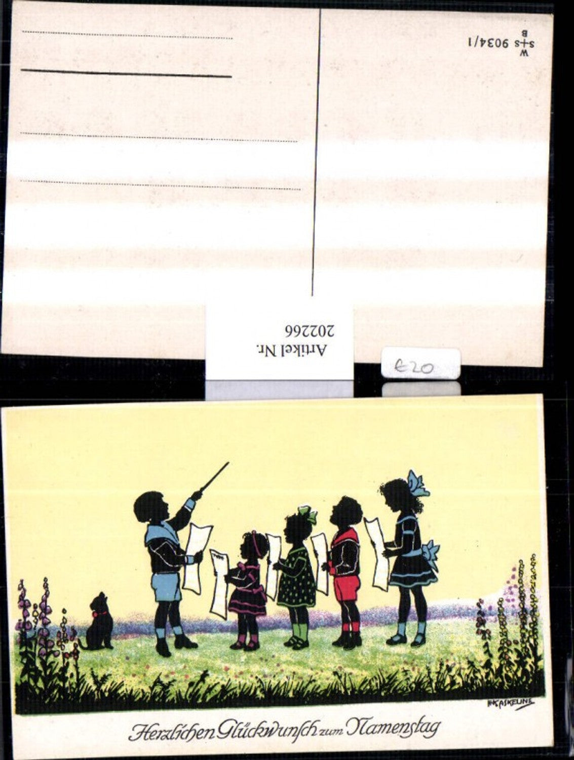 202266,Künstler AK F. Kaskeline Scherenschnitt Silhouette Kinder b. Singen Dirigent Hund Blatt Papier