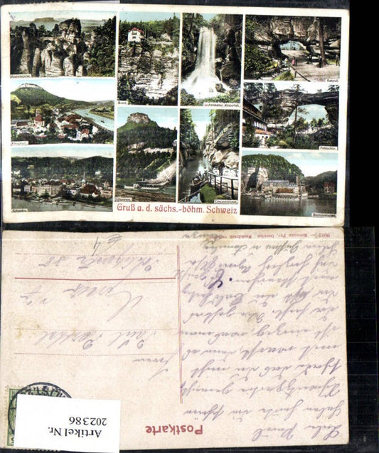 202386, Greetings to Saxon-Bohemian Switzerland, multi-image postcard, Königstein, Lichtenhain Waterfall, Bastei Bridge, Lilienstein