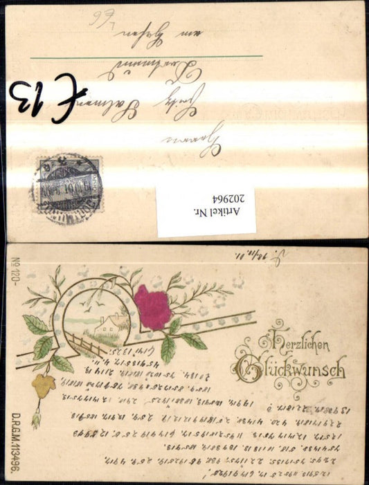 202964,Präge Litho AK Herzlichen Glückwunsch Blumen Blätter Landschaft