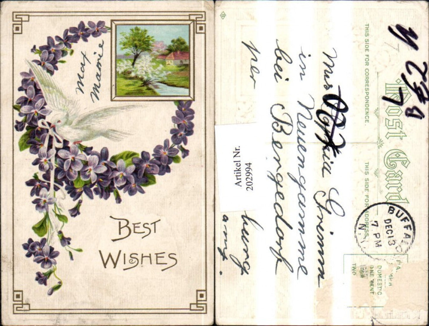 202994, Embosser Lithograph Postcard “Best Wishes” Violet Ribbon Dove Landscape