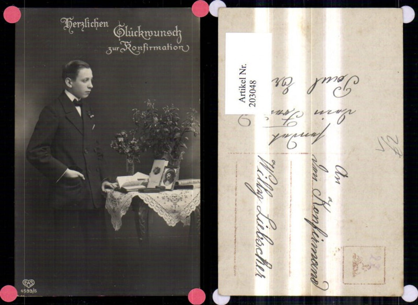 203048,Konfirmation Junge Bub b. Tisch Buch Bild Blumen pub EAS 4593/5