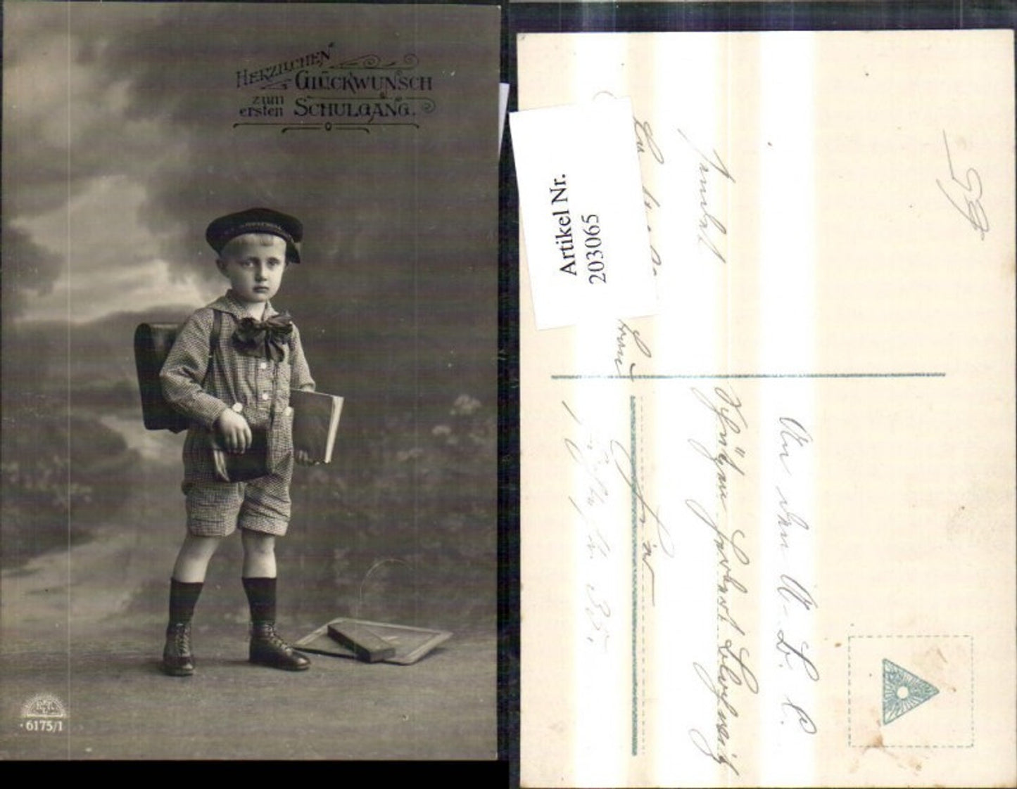 203065,Schulanfang Einschulung Junge Bub m. Schultasche Hut Buch Tasche Federpenal