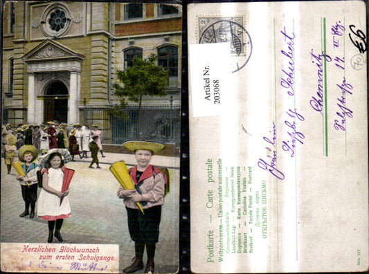 203068,Schulanfang Einschulung Kinder m. Schultaschen Schultüten Hüten v. Schule Gebäude