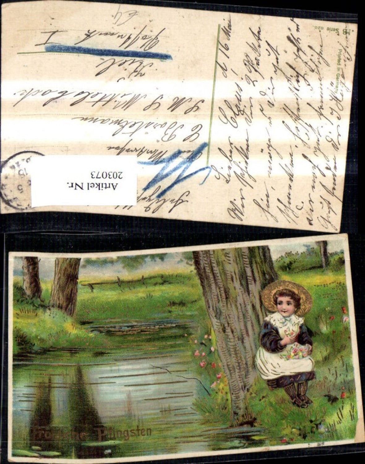 203073, Pentecost girl on a river landscape gold ornament