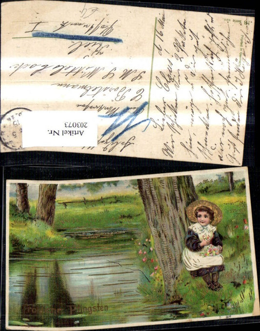203073, Pentecost girl on a river landscape gold ornament