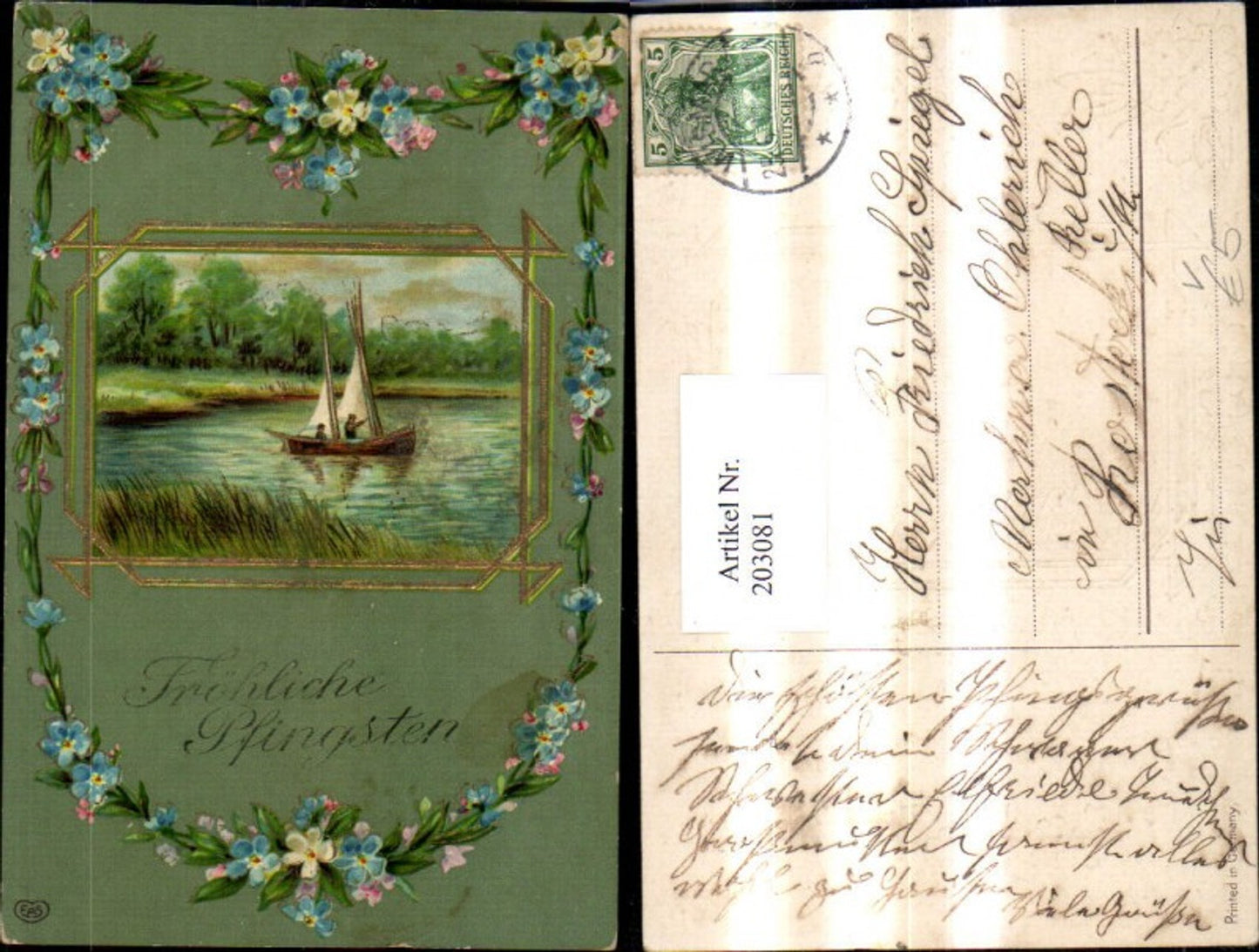 203081,Pfingsten Präge Ak Segelboot a. See i. Rahmen Blumenranke Goldverzierung pub EAS