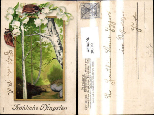 203082, Pentecost embossing lithograph landscape in frame flowers maybug beetle