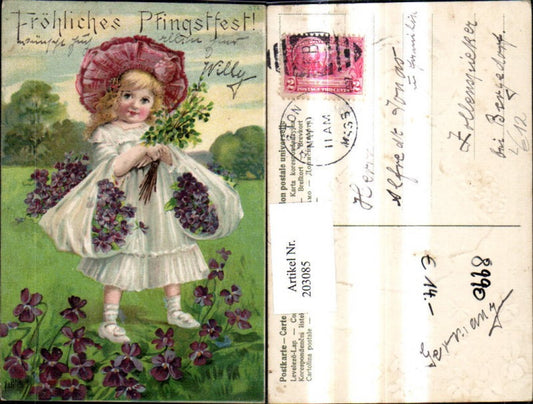 203085,Pfingsten Präge Litho Mädchen m. Blumen i. Tüchern Hut