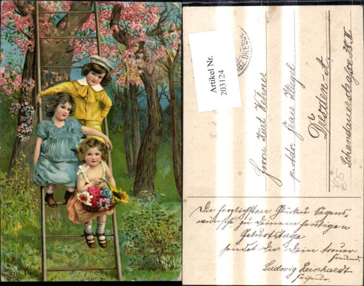 203124,Geburtstag Kinder a. Leiter b. Baum Blumen Korb Matrosenanzug pub EAS