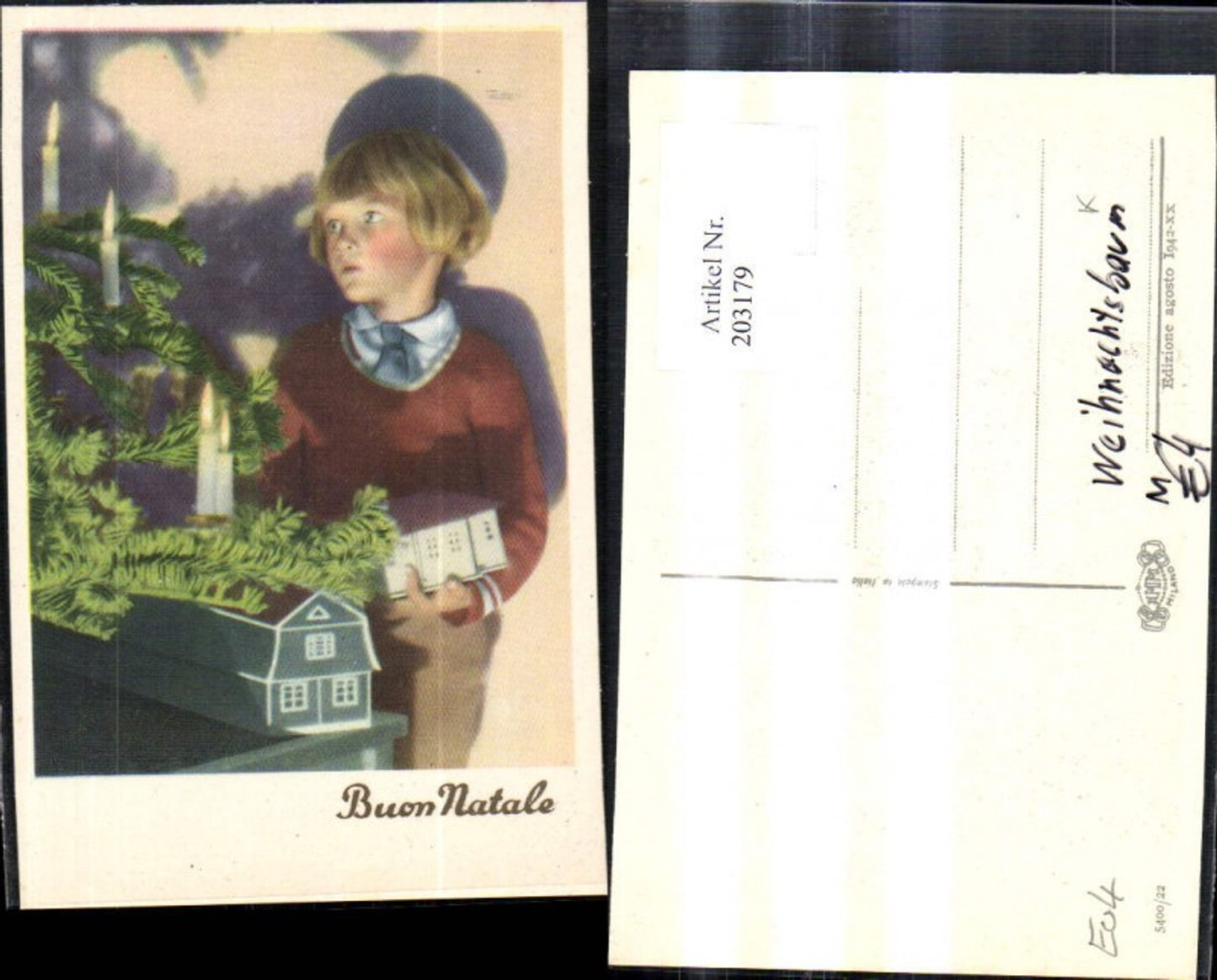 203179, Christmas boy with toy house, Christmas tree, candles