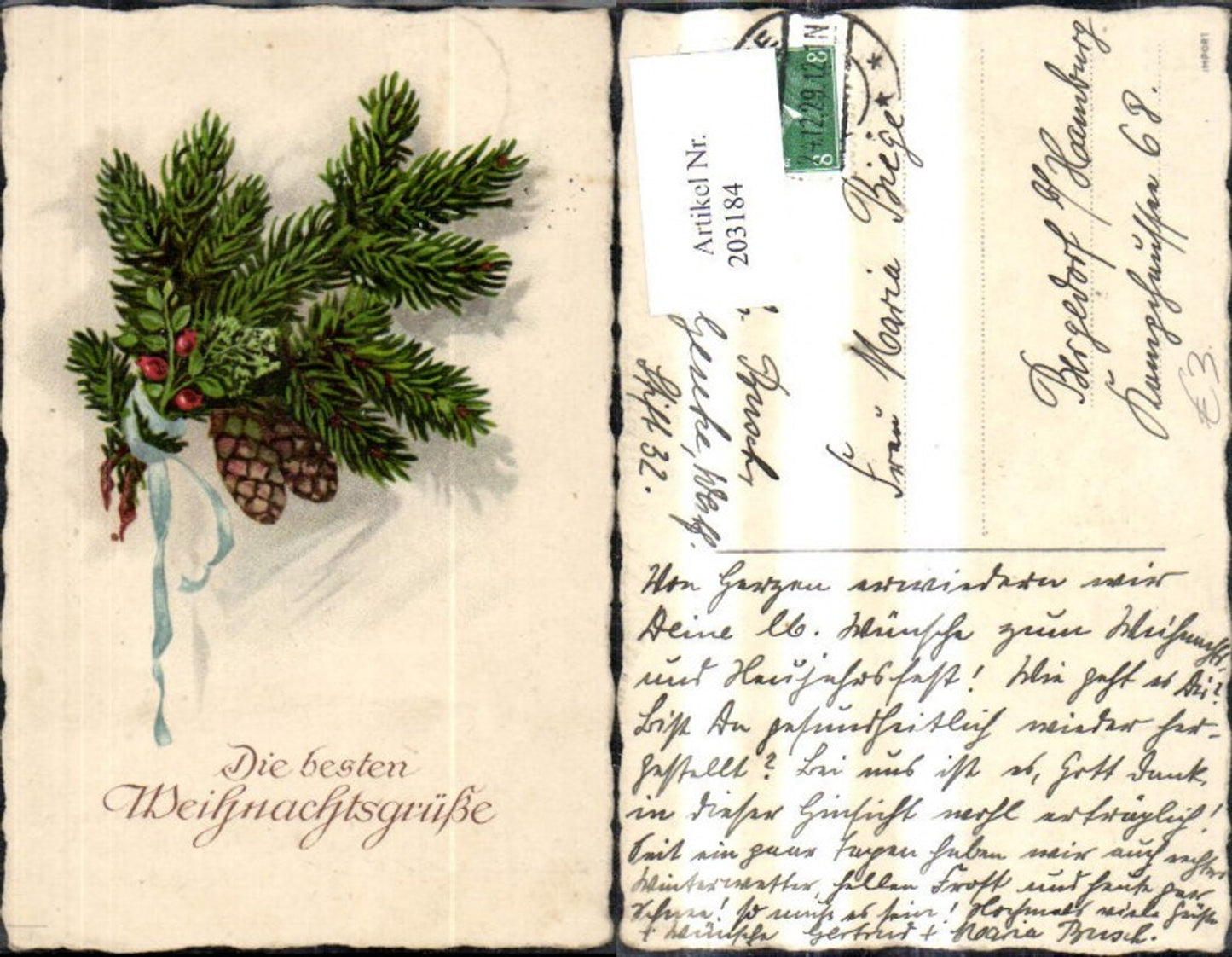 203184, Christmas fir branches cones blue ribbon