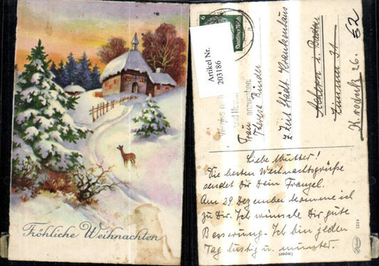 203186, Christmas winter landscape with church, deer, wild animals