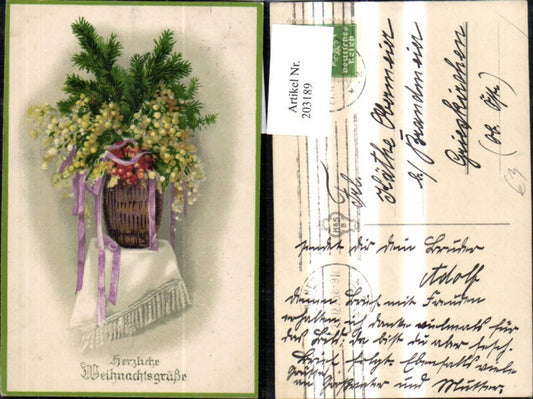 203189, Christmas vase with fir branch and ribbon
