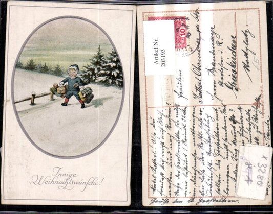 203193, Christmas child boy with packages in forest passe-partout stamp Stroheim