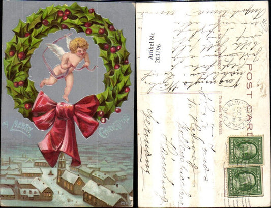 203196, Christmas embossing lithograph Cupid holly wreath ribbon over winter town Merry Christmas