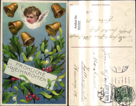 203202, Christmas embossing lithograph angels bells mistletoe branches holly branches